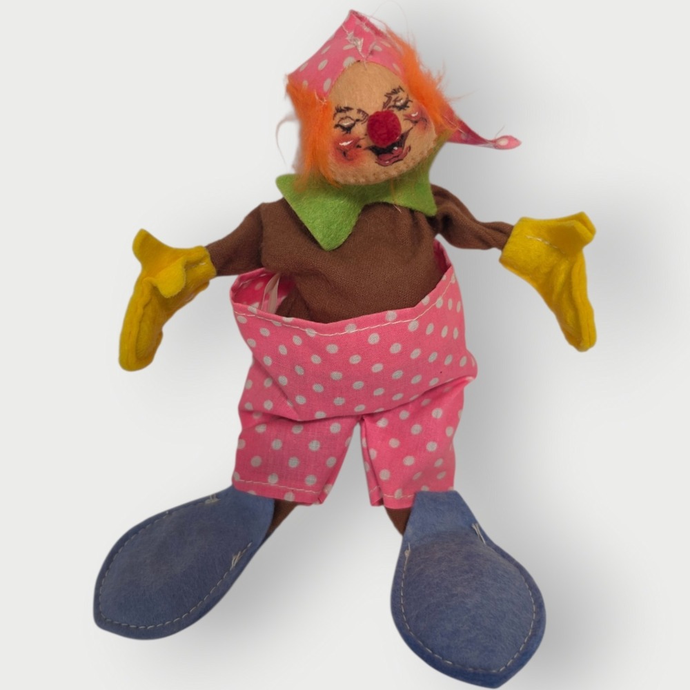 Vintage 1980 Annalee Mobilitee Clown Hobo‎ Pajama Doll Felt Cloth Tagged USA